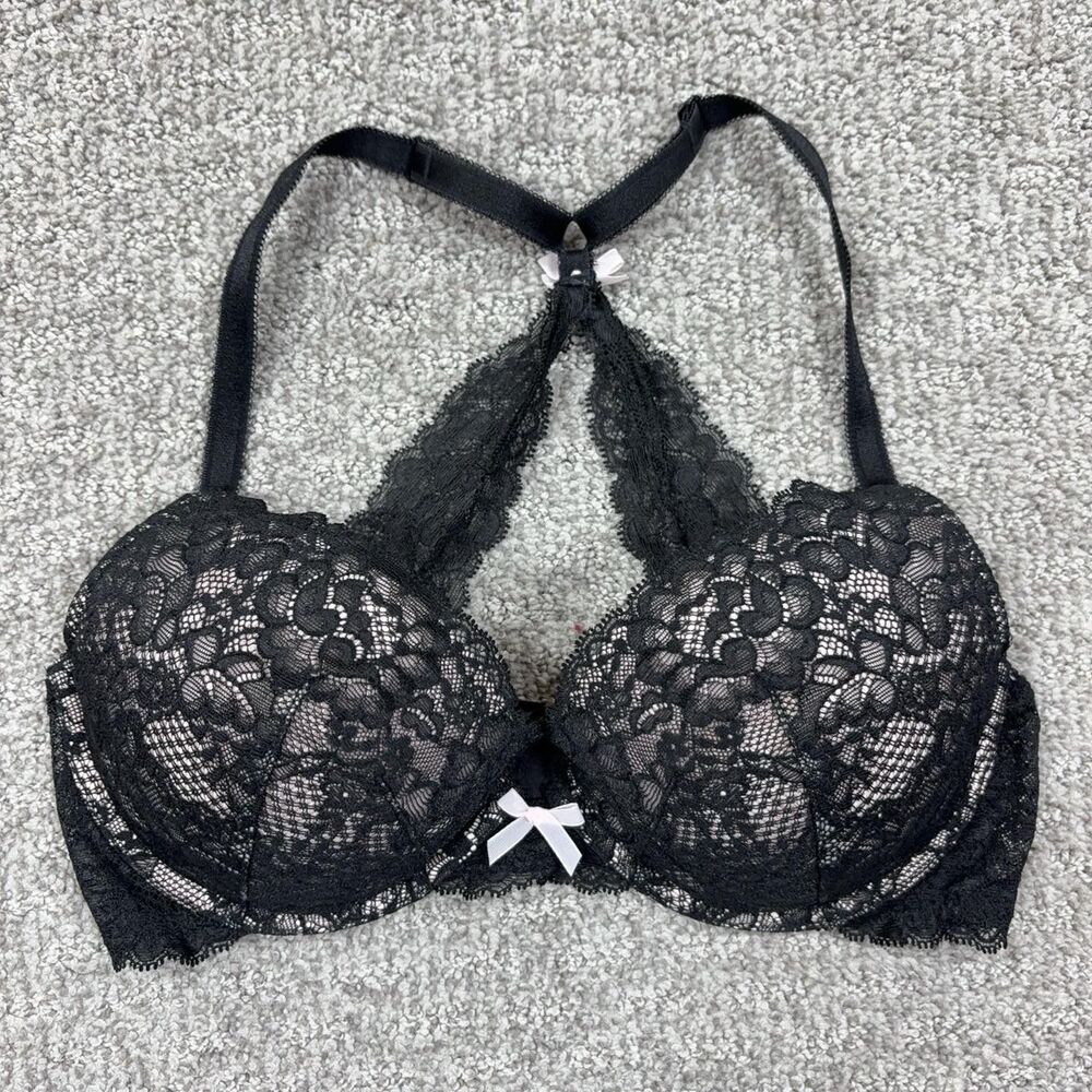 Victorias Secret Bra Womens 34D Black Lace Racerback Push Up Underwire Sexy
